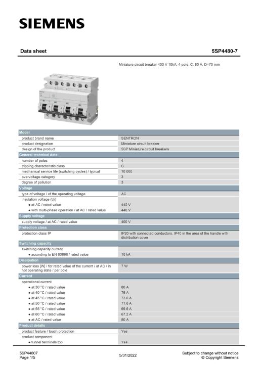 SIEMENS - 5SP4480-7 - Miniature Circuit Breaker - Image 2