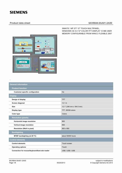 SIEMENS - 6AV6644-0AA01-2AX0 - Overhauled - MP377 12" Operator Control Touch Panel - immagine 2